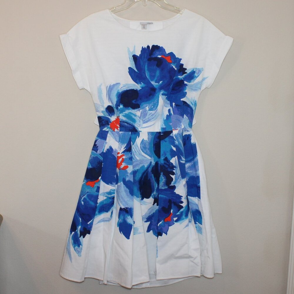 Halogen 6P petite cotton fit & flare white‎ dress open back pleated lined floral